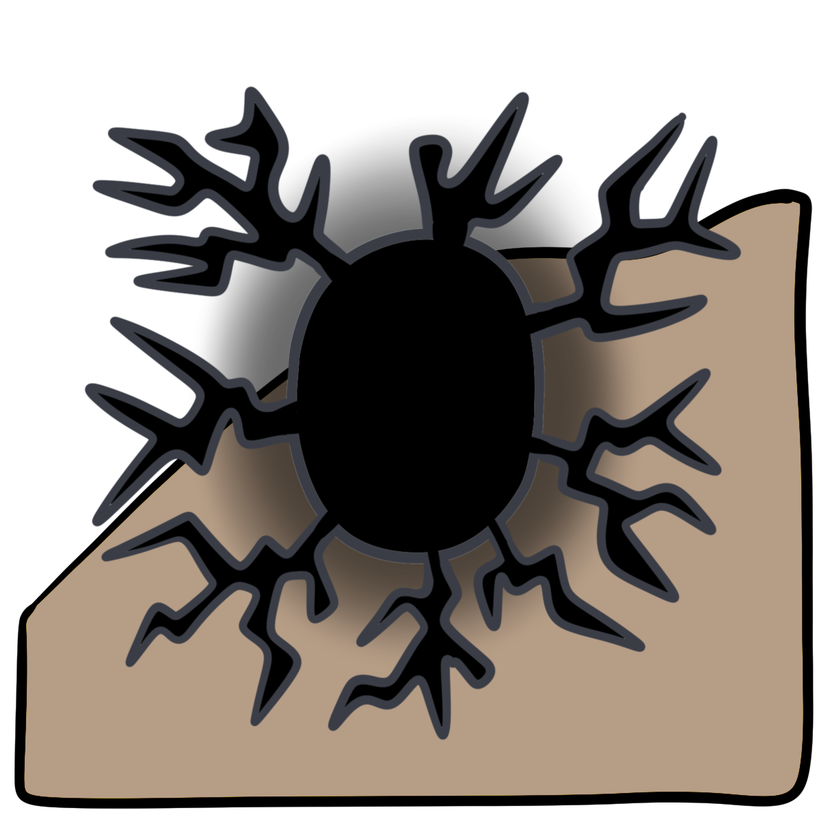 A black glowing oval with branching pointy lines coming from its sides. Curved beige skin fills the bottom half of the background.